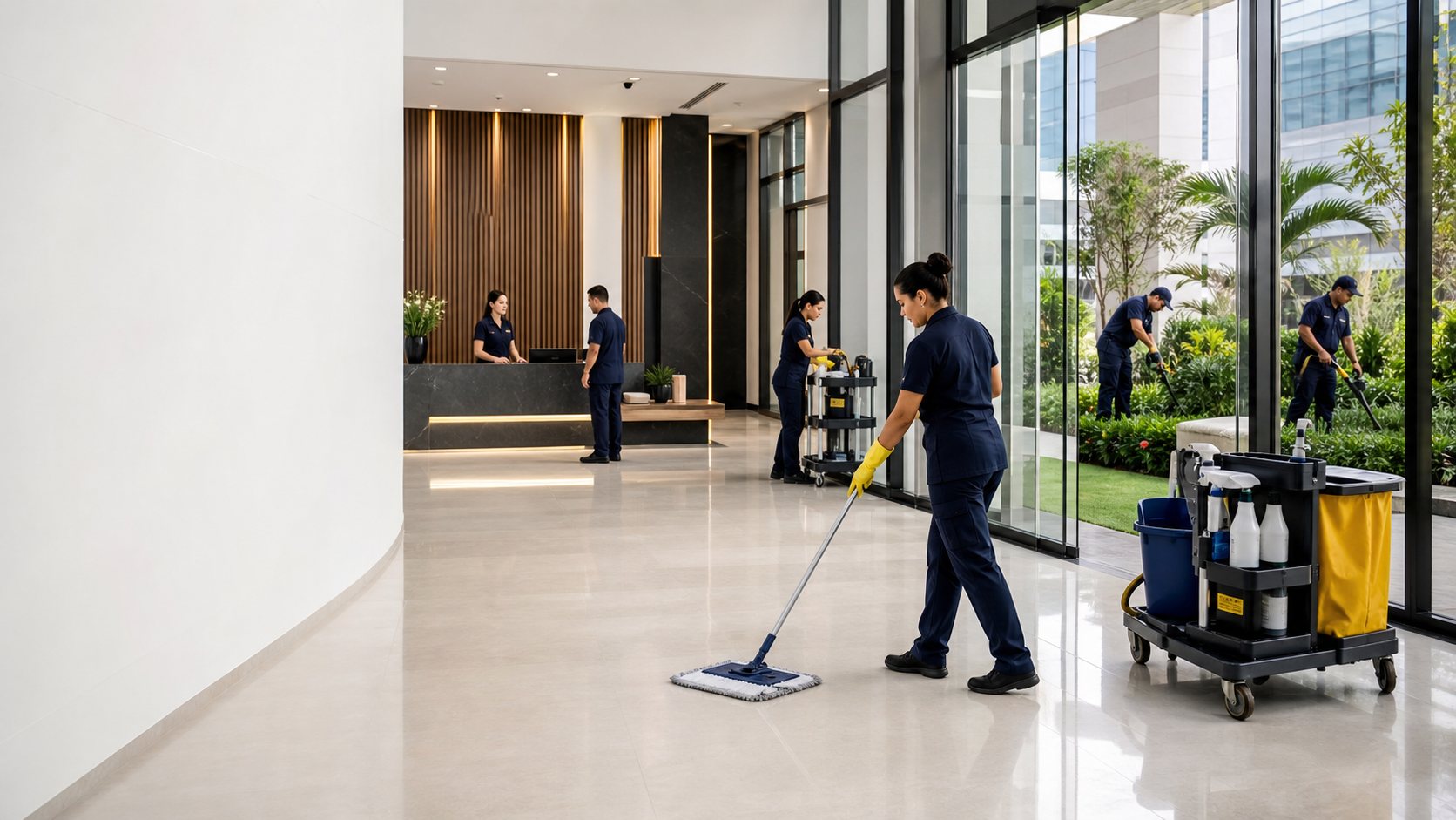 Limpeza e Conservação - Equipe de limpeza e conservação em ambiente empresarial moderno