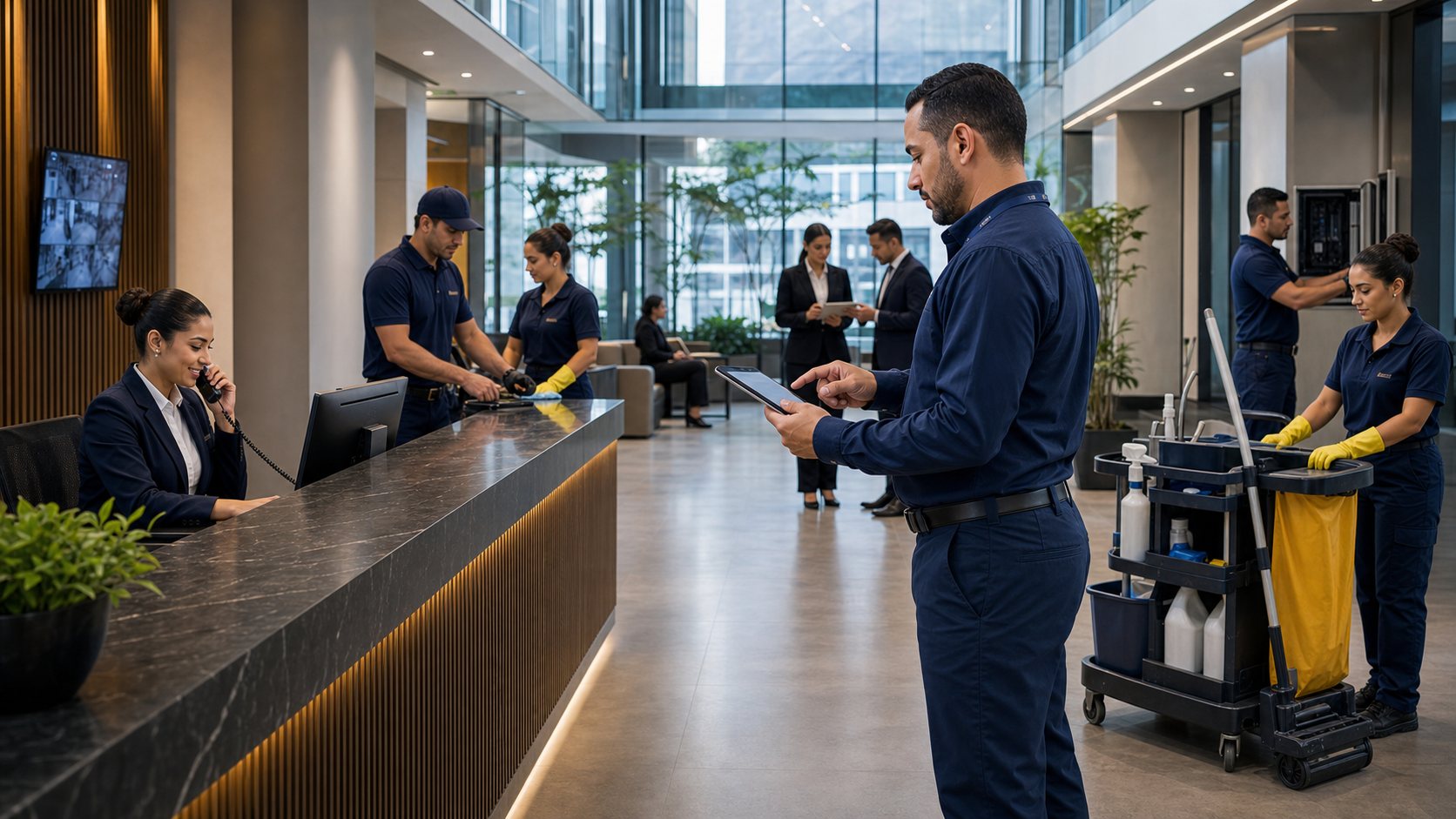 Equipe de facilities coordenando recepção, limpeza, manutenção e apoio operacional