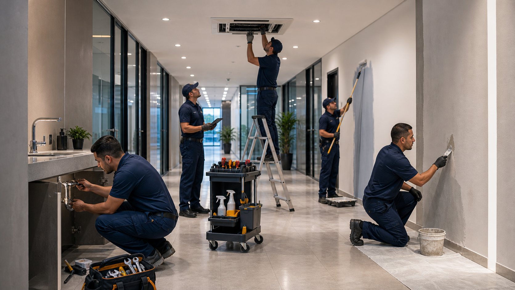 Técnicos realizando manutenção predial preventiva em ambiente corporativo