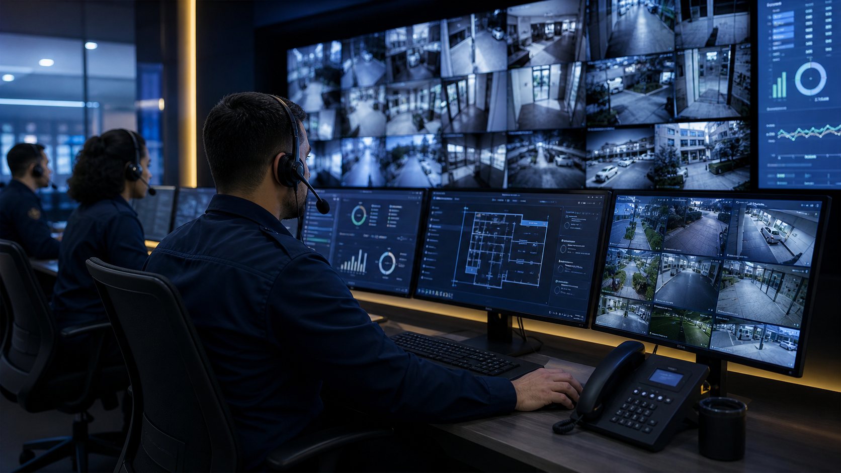 Monitoramento Eletrônico - Central de CFTV e monitoramento eletrônico com operadores acompanhando câmeras