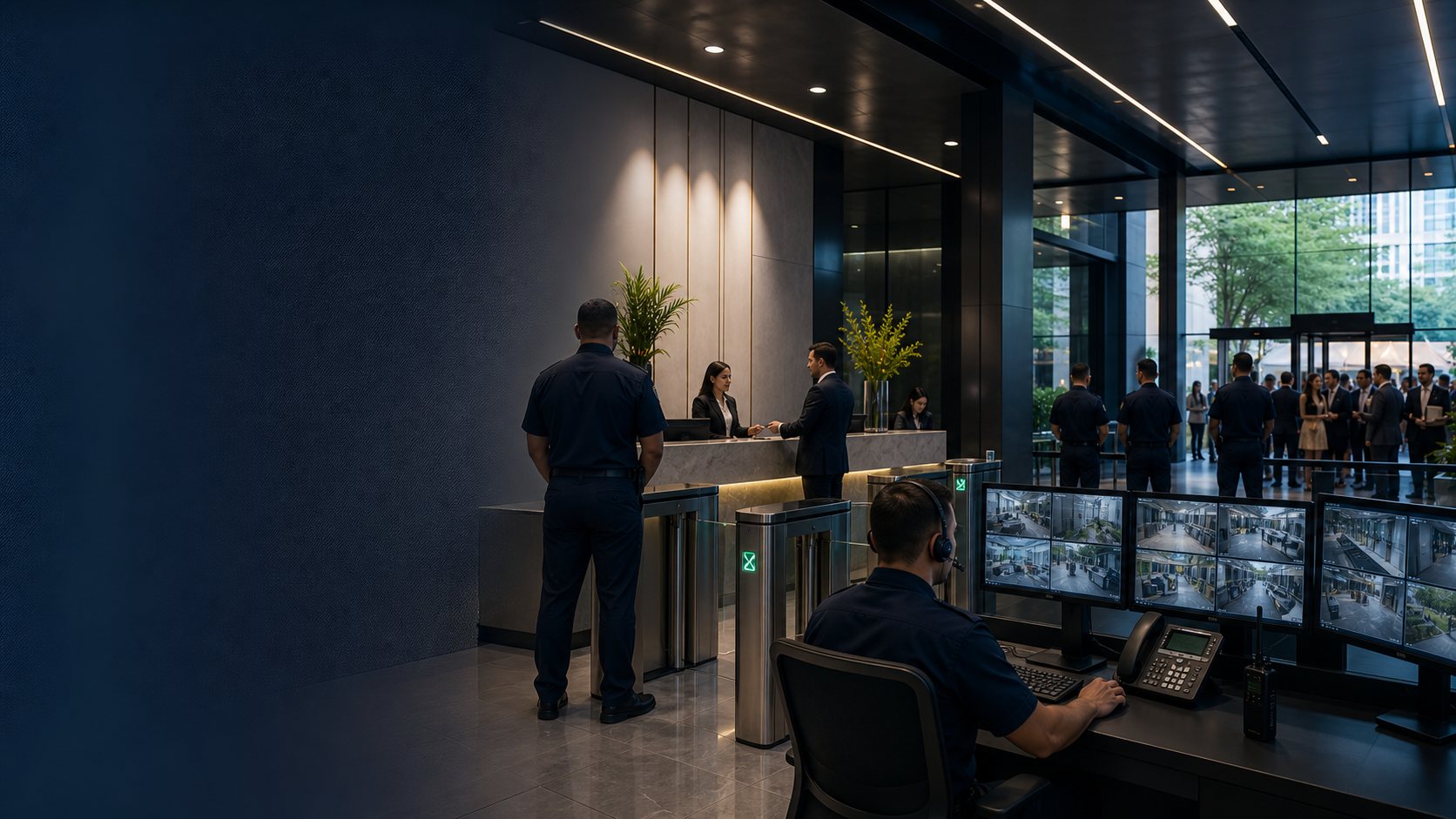 Equipe de segurança, portaria e monitoramento eletrônico em prédio corporativo no Rio de Janeiro
